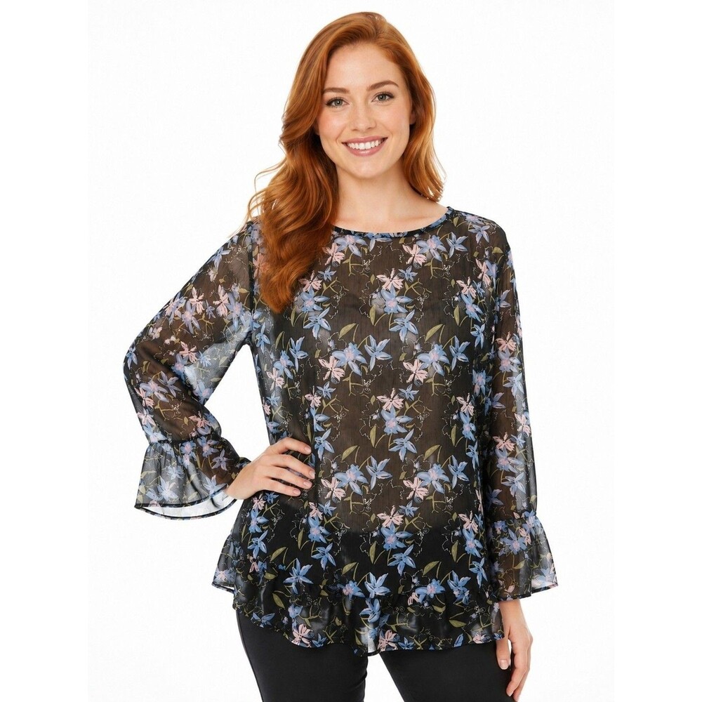 Falls Creek Womens 2X SEMISHEER Top Black blue pink floral baby doll Boho Fairie